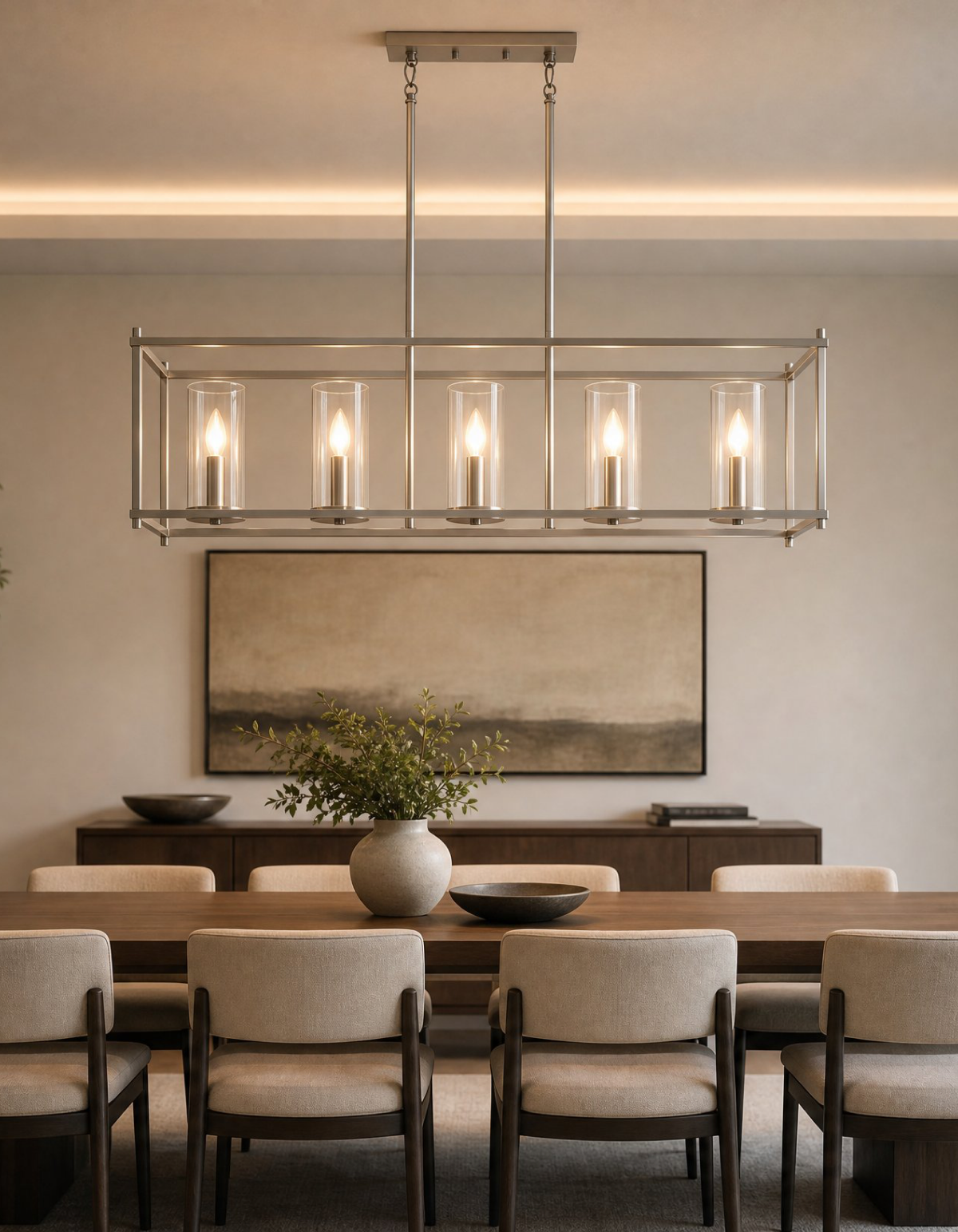 Aurelia 5-Light Linear Chandelier - Brushed Nickel Finish, Frosted Glass#Finish_Brushed Nickel Finish, Frosted Glass